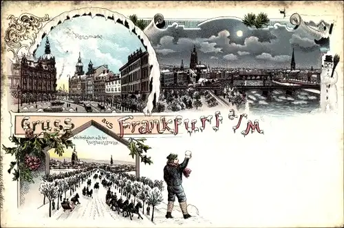 Mondschein Litho Frankfurt am Main, Rossmarkt, Schlittenfahrt auf der Forsthaustraße