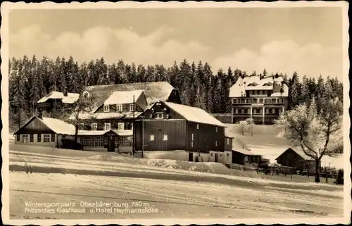 Ak Oberbärenburg Altenberg im Erzgebirge, Wintersportplatz, Fritzsches Gasthaus, Hotel Hermannshöhe