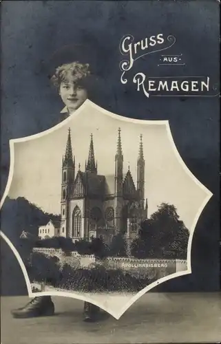 Passepartout Ak Remagen am Rhein, Apollinarisberg, Kirche, Junge mit regenschirm