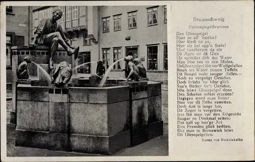 Ak Braunschweig in Niedersachsen, Eulenspiegelbrunnen, Gedicht, Horaz von Nickelnkulke