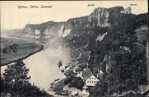 Ak Rathen an der Elbe Sächsische Schweiz, Panorama, Bastei, Mönch, Dampfer
