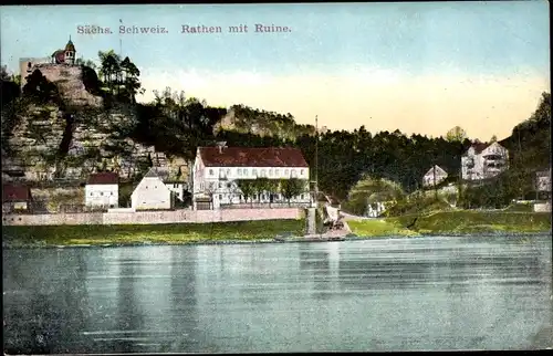 Ak Rathen an der Elbe Sächsische Schweiz, Ortspartie, Ruine
