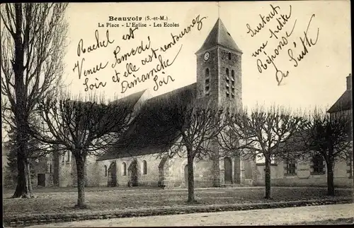Ak Beauvoir Seine et Marne, Place, Église, Écoles
