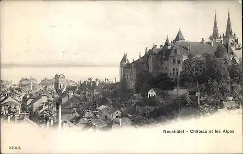 Ak Neuchâtel Kanton Neuenburg, Chateau et les Alpes
