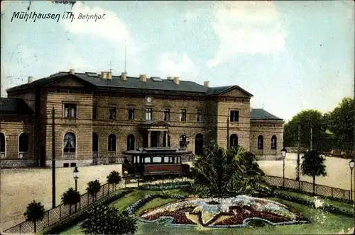 Ak Mühlhausen in Thüringen, Bahnhof, Tram