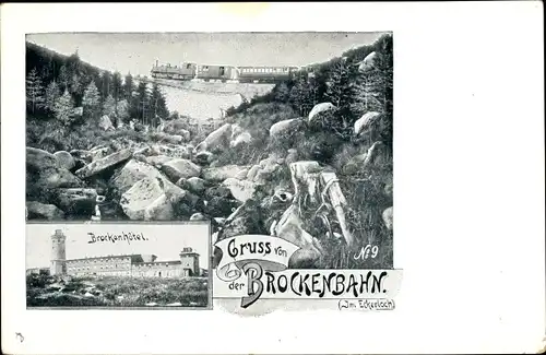 Ak Brocken Nationalpark Harz, Brockenbahn im Eckerloch, Brockenhotel