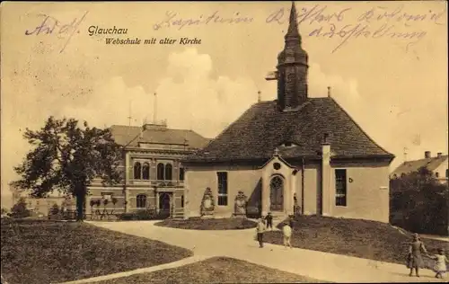Ak Glauchau in Sachsen, Webschule mit alter Kirche