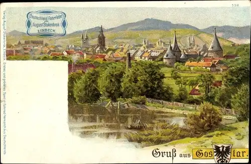 Litho Goslar am Harz, Panorama vom Ort, Wappen, August Stukenbrok Fahrräder