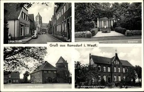 Ak Ramsdorf Velen Münsterland, Lange Straße, Ehrenmal, Burg, Rathaus, St. Walburgis Krankenhaus