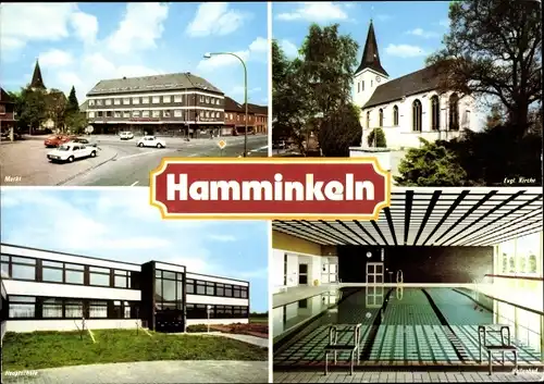 Ak Brünen Hamminkeln Nordrhein Westfalen, Markt, Evgl. Kirche, Hauptschule, Hallenbad