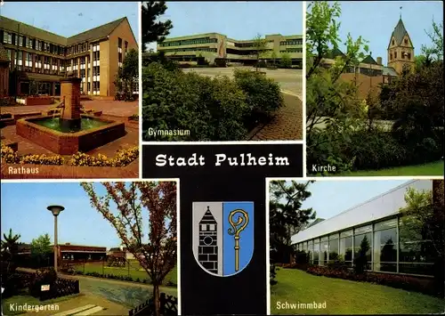 Ak Pulheim Nordrhein Westfalen, Rathaus, Gymnasium, Kirche, Kindergarten, Schwimmbad, Wappen