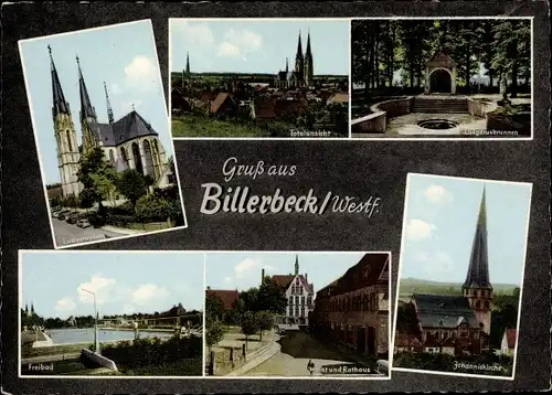 Ak Billerbeck in Westfalen, Ludgerusdamm, Ludgerusbrunnen, Johanniskirche, Markt, Freibad, Rathaus