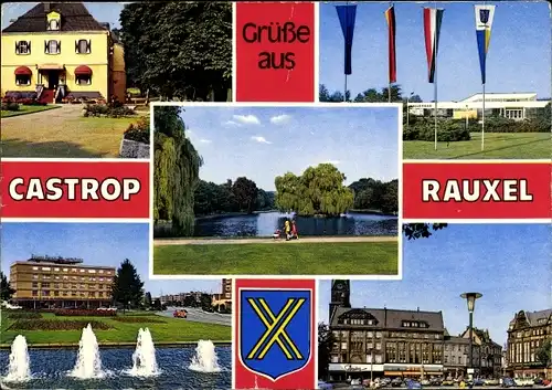 Wappen Ak Castrop Rauxel im Ruhrgebiet, Brunnen, Fahnen, Wasserpartie