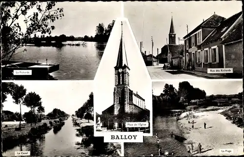Ak Balloy Seine-et-Marne, Rue des Richards, Kirche, Strand, Kanal
