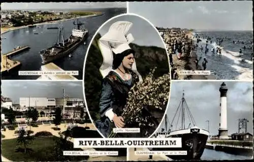 Ak Riva Bella Ouistreham Calvados, Montage, Plage, Phare, Port