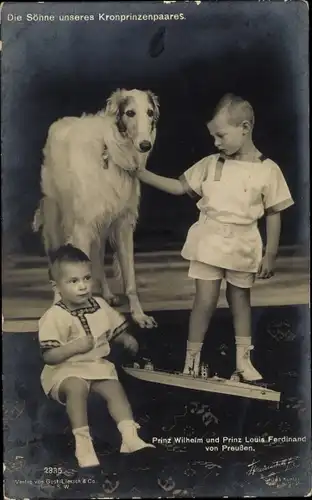 Ak Söhne des preußischen Kronprinzenpaares, Wilhelm, Louis Ferdinand, Liersch 2335, Windhund