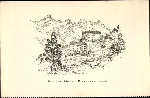 Künstler Ak Zermatt Kanton Wallis Schweiz, Seilers Hotel Riffelalp