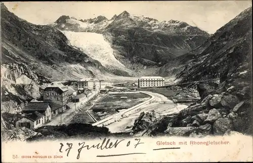 Ak Gletsch Kanton Wallis, Panorama mit Rhonegletscher