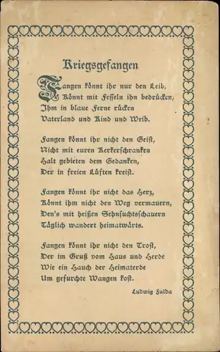 Gedicht Ak  Ludwig Fulda, Kriegsgefangen, Volksspende für die deutschen Kriegsgefangenen 1916