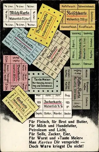 Ak Milchkarte, Butterkarte, Fleischkarte, Seifenkarte, Eierkarte, Wurstkarte, I. WK