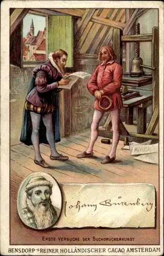 Künstler Ak Johannes Gutenberg, erste Versuche Buchdruckerkunst, Bensdorp's holländischer Kakao