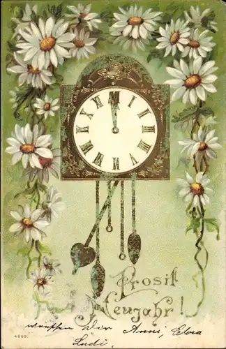 Präge Ak Glückwunsch Neujahr, Uhr, Blumen