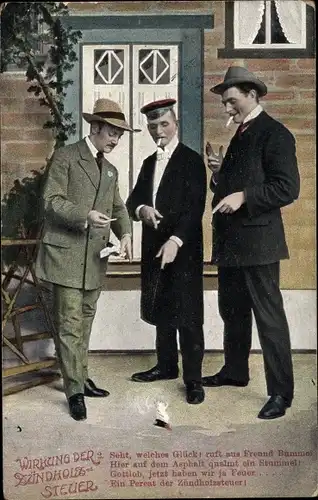 Ak Wirkiung der Zündholzsteuer, drei Männer um Zigarettenstummel