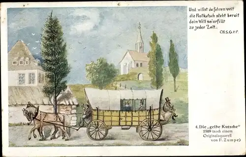 Künstler Ak Zumpe, F., Postkutsche steht bereit, Die gelbe Kutsche von 1809