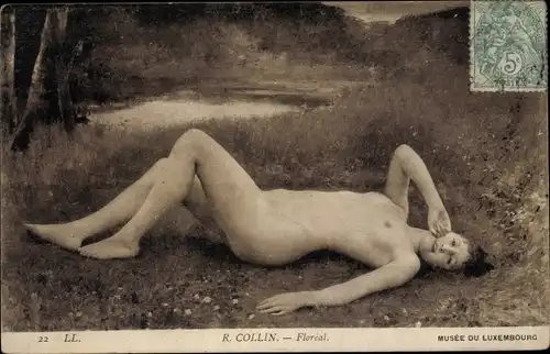Ak Akt, barbusige Frau liegt auf dem Waldboden, Florial, R. Collin, Musée de Luxembourg