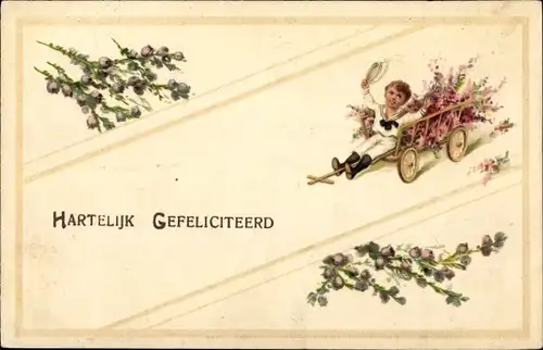 Künstler Ak Hartelijk Gefeliciteerd, Kind mit Blumenkarre
