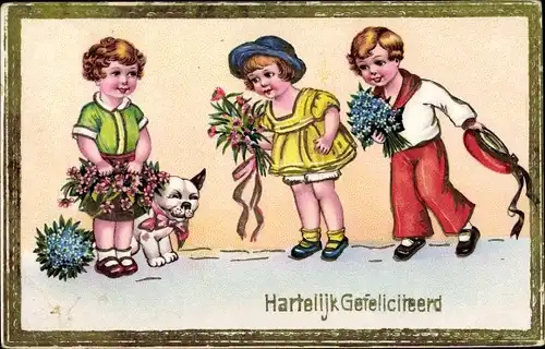 Künstler Ak Hartelijk Gefeliciteerd, § Kinder mit einem Hund mit Blumen