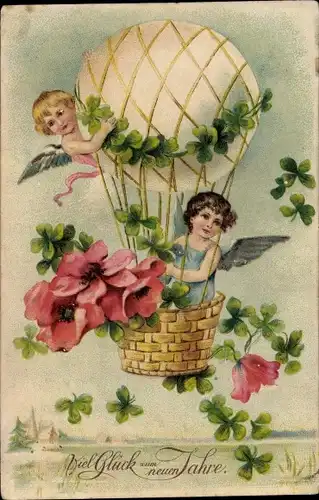 Präge Ak Glückwunsch Neujahr, Engel, Heißluftballon, Kleeblätter, Blumen
