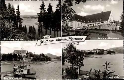 Ak Meschede im Sauerland, Hennesee, Rasthaus Hennesee, Rundfahrtenboot, Strand