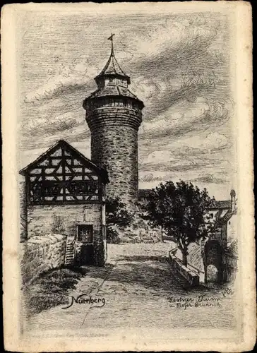 Künstler Ak Nürnberg in Mittelfranken, Vestner Turm, Brunnen