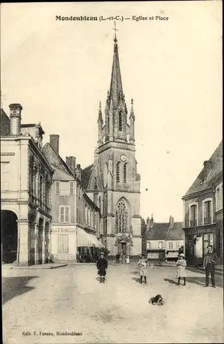Ak Mondoubleau Loir et Cher, Église et Place