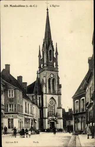 Ak Mondoubleau Loir et Cher, Église et Place, Café du Midi