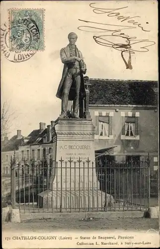 Ak Châtillon Coligny Loiret, Statue de Becquerel, Physicien