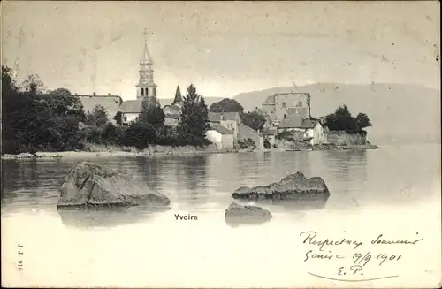 Ak Yvoire Haute Savoie, Teilansicht vom Wasser aus gesehen