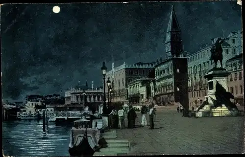 Mondschein Ak Venezia Venedig Veneto, Riva Schiavoni, Monumento a Vittorio Emanuele