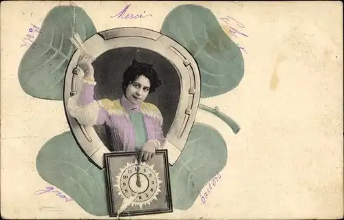 Ak Glückwunsch Neujahr, Hufeisen, Kleeblatt, Uhr