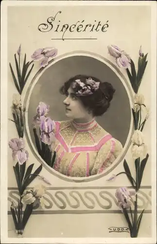 Passepartout Ak Frauengesicht im Profil, Blumen