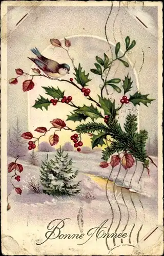 Ak Glückwunsch Neujahr, Winterlandschaft, Stechpalme