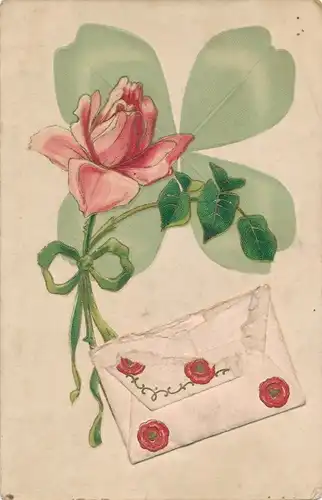 Ak Kleeblatt, Rose, Briefumschlag