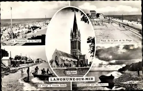 Ak Langrune sur Mer Calvados, La promenade et la Plage, L´Eglise, Place du 6 Juin et la Plage