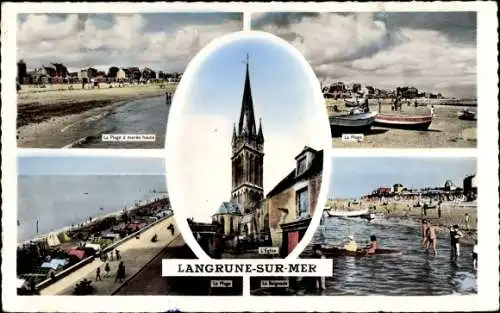 Ak Langrune sur Mer Calvados, L´Église, La Plage, La Baignade