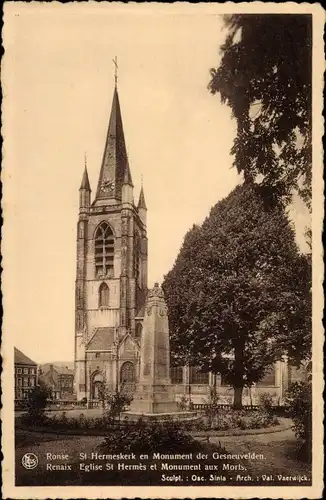 Ak Ronse Renaix Ostflandern, St. Hermeskerk en Monument der Gesneuvelden