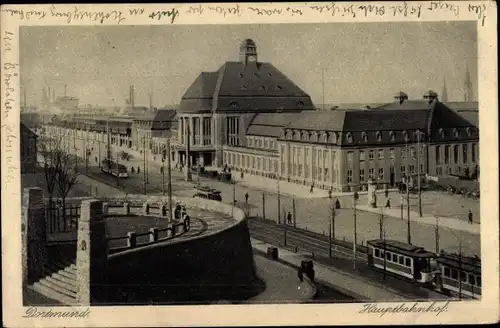 Ak Dortmund im Ruhrgebiet, Hauptbahnhof, Gesamtansicht, Straßenbahnen