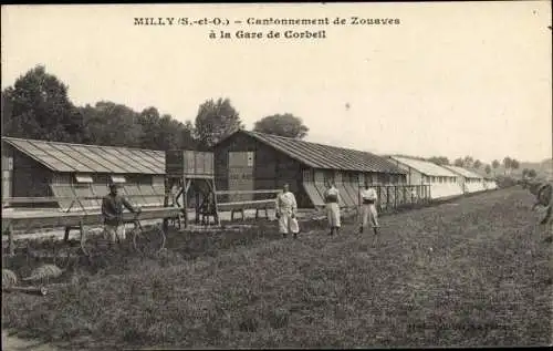 Ak Milly la Forêt Essonne, Cantonnement de Zouaves à la Gare de Corbeil