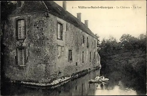 Ak Villiers-Saint-Georges Seine et Marne, Le Château, Lac, bateau á rames