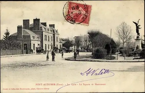 Ak Pont Audemer Eure, La Gare, Le Square et Monument